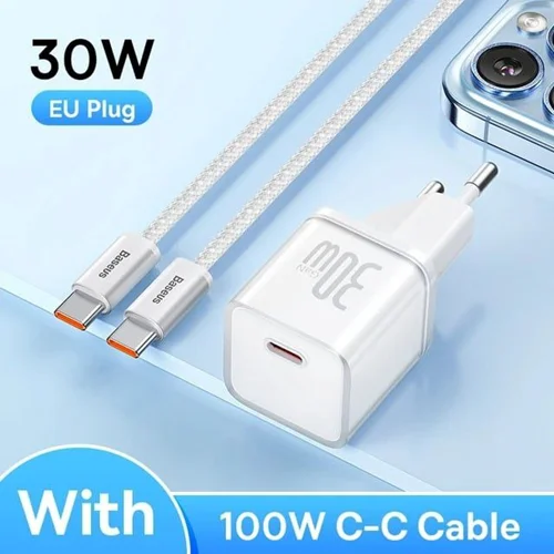 شارژر دیواری 30 وات بیسوس مدل GaN5 mini به همراه کابل تبدیل تایپ سی